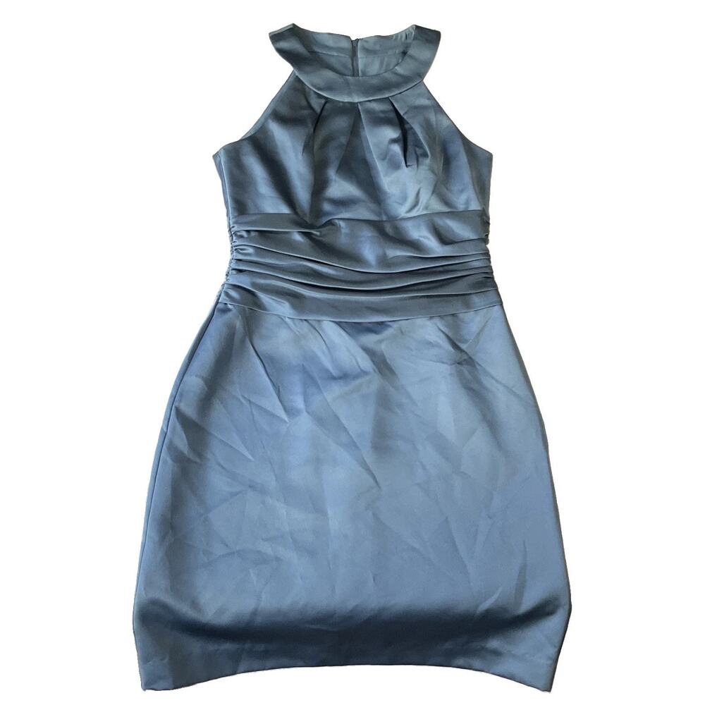 David's Bridal Women Dress 8 Blue Sheath Satin F13277 Ruched Sleeveless Lined